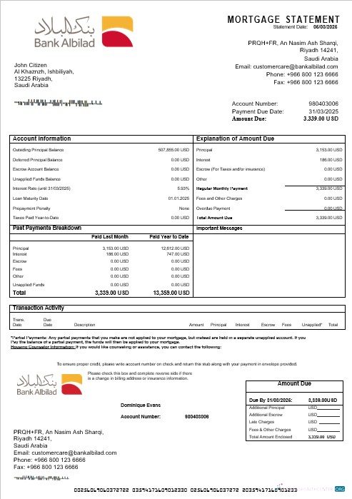 Download Saudi Arabia Bank Albilad mortgage statement in Word and PDF formats Photoshop template